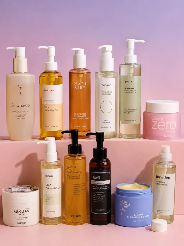 Styled lineup of 12 best korean cleansing oils from budget to luxury on a pink and lavender backdrop