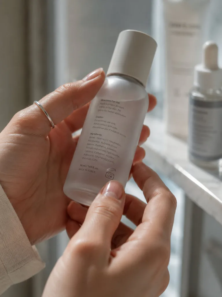 Close-up of hands reading a natural skin care ingredient label on a glass bottle