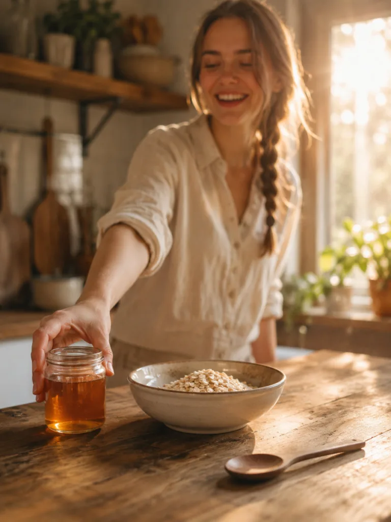 Natural skin care ingredients including honey and oatmeal on a sunlit kitchen counter