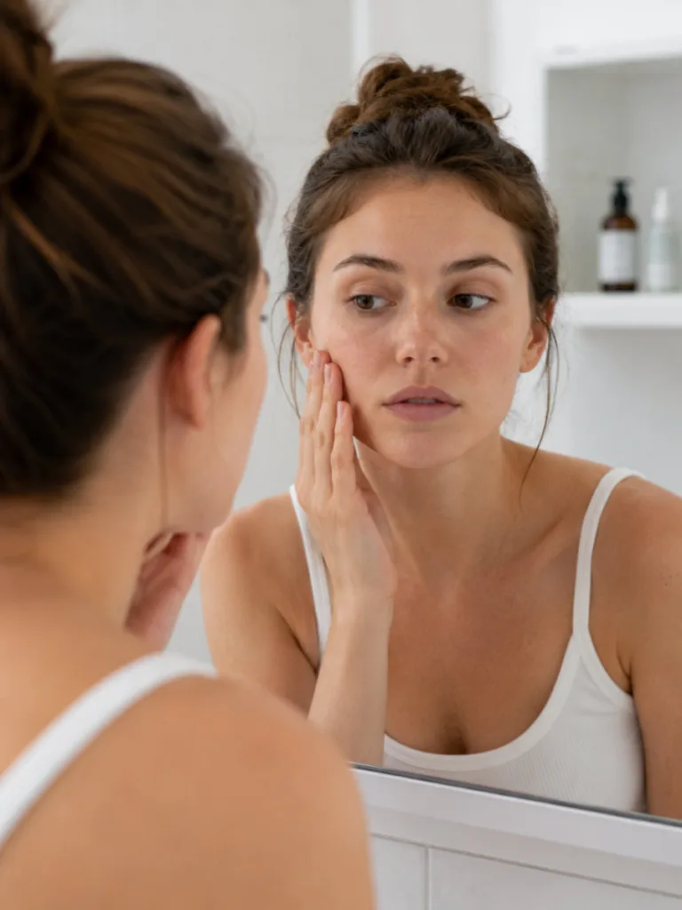 Woman examining her skin type before choosing a natural face mask for skin needs