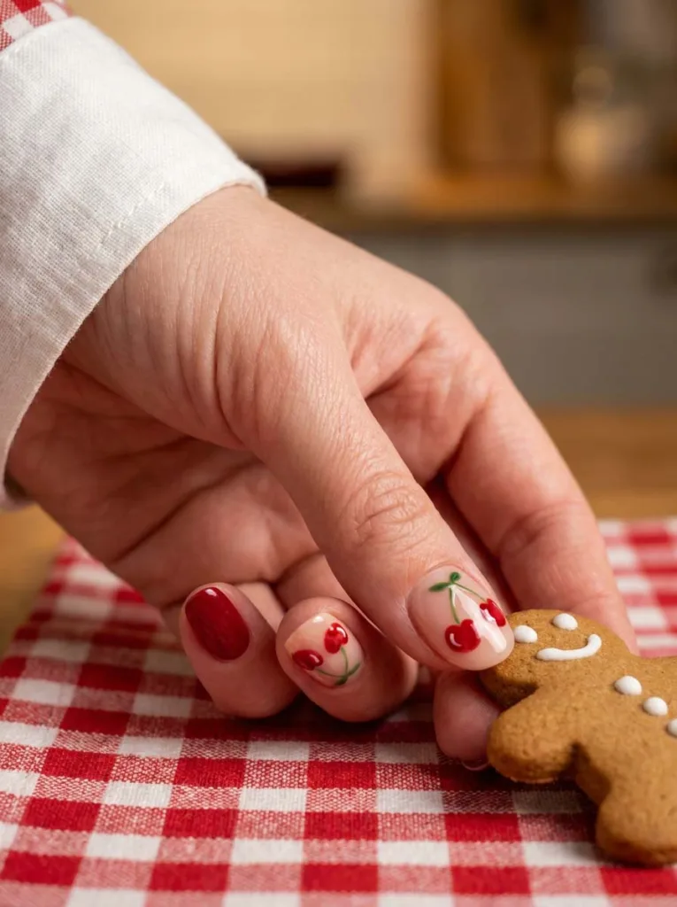 Cherry print christmas nails on a hand holding a gingerbread cookie