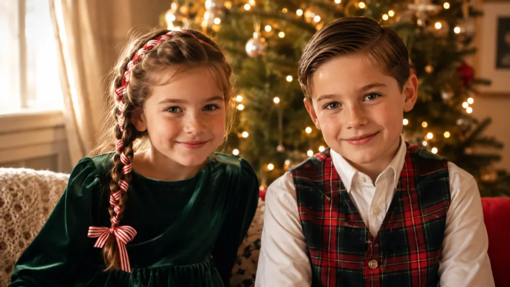 Girl and boy showing off christmas hairstyles for kids in front of a lit tree