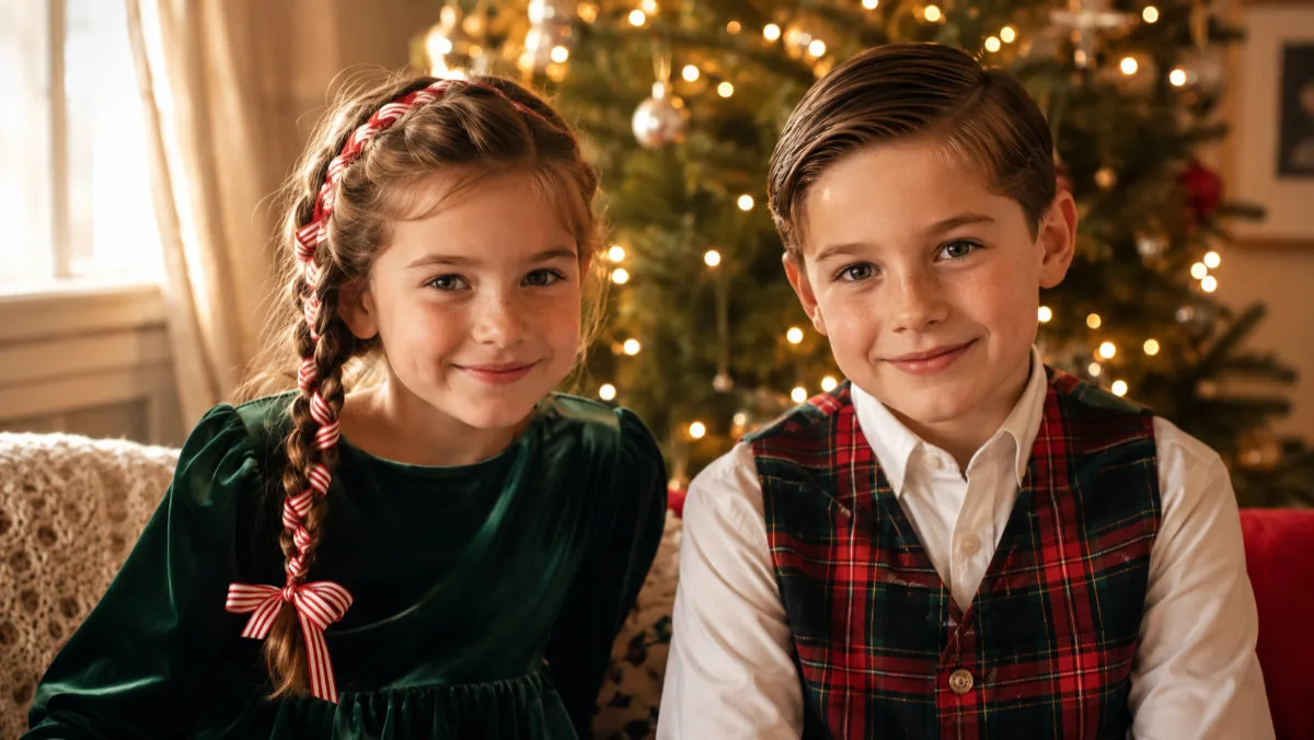Girl and boy showing off christmas hairstyles for kids in front of a lit tree