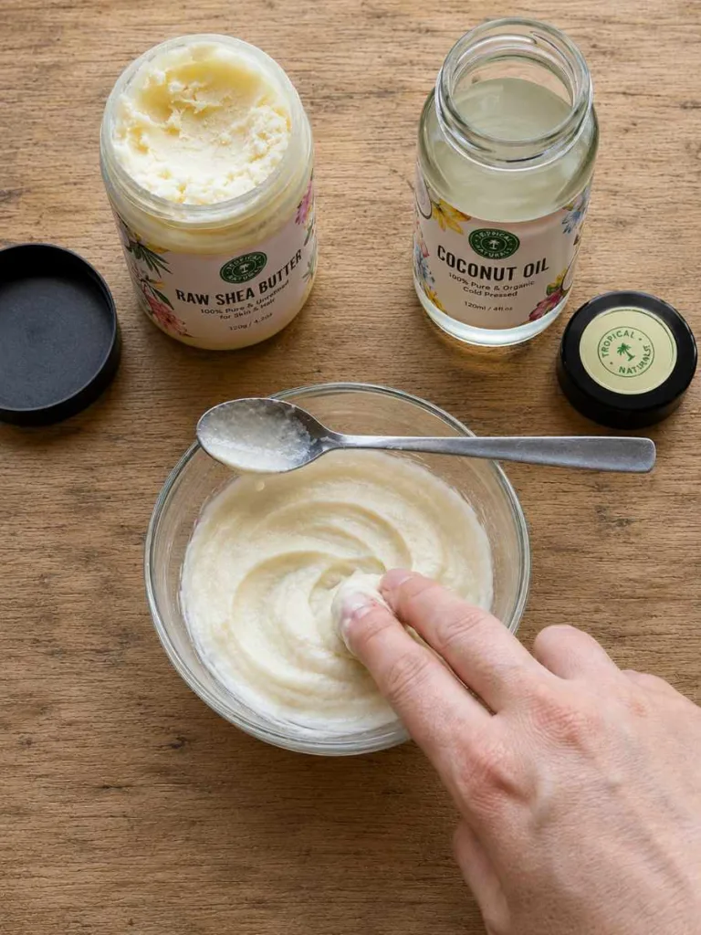 Whipped coconut oil and shea butter pre-poo hair mask in a glass bowl