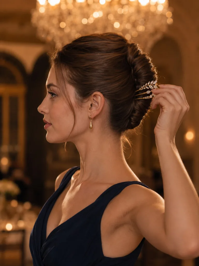 Woman in a navy dress wearing a classic French twist updo at a formal holiday event.