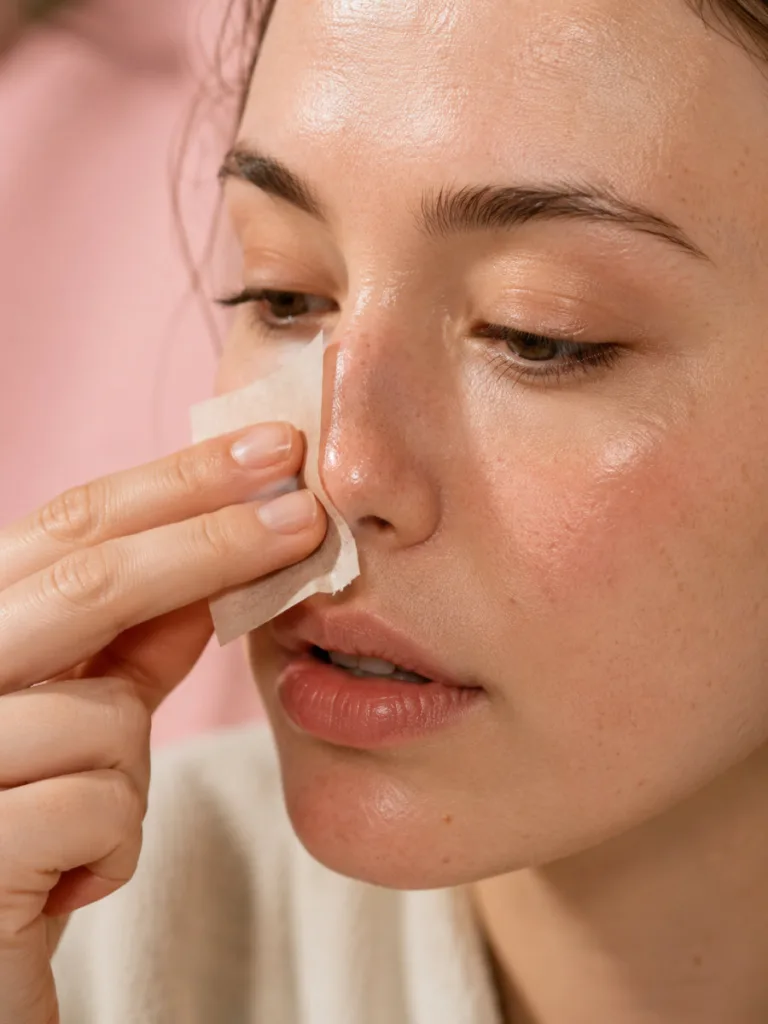 Close-up of a blotting paper test showing oily shine on the T-zone versus drier cheek skin