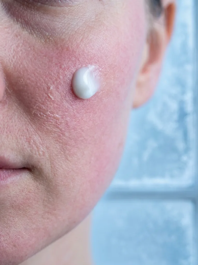 close-up of fair-skinned woman's cheek showing dry skin texture in winter cold climate