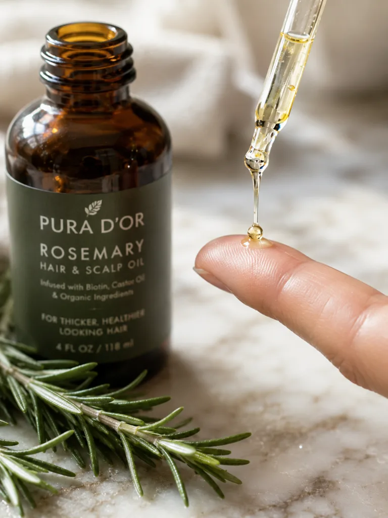 Rosemary oil applied to the scalp to help stimulate hair growth