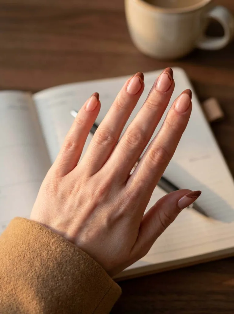 Cocoa brown French tip winter nails on a wooden desk with coffee