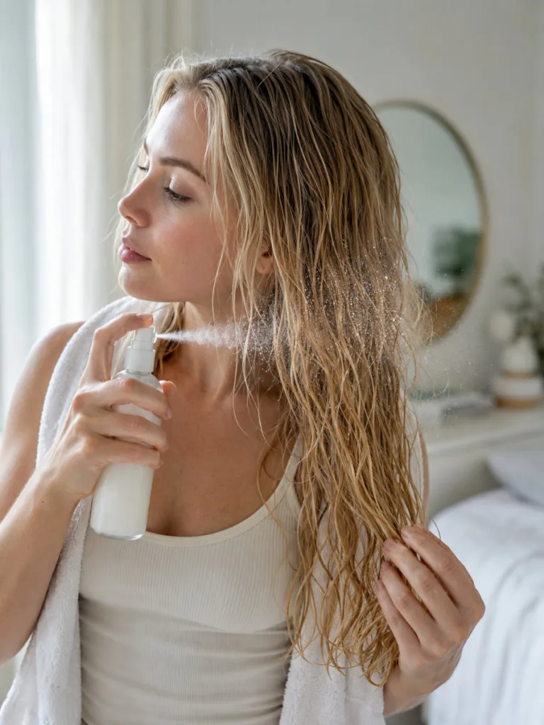 Woman spraying a homemade coconut milk conditioner onto damp hair