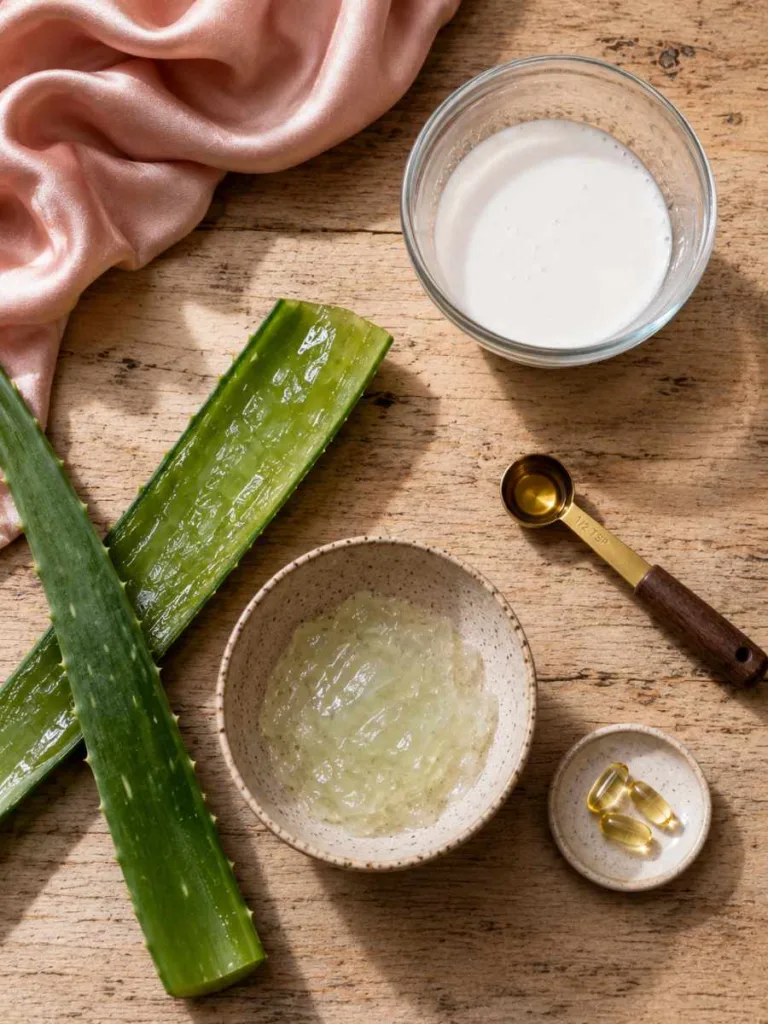 Coconut milk and aloe vera mask ingredients for an overnight hair care routine