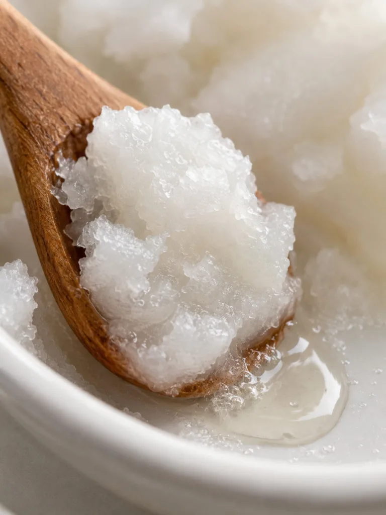 Close-up of solid virgin coconut oil melting on a wooden spoon