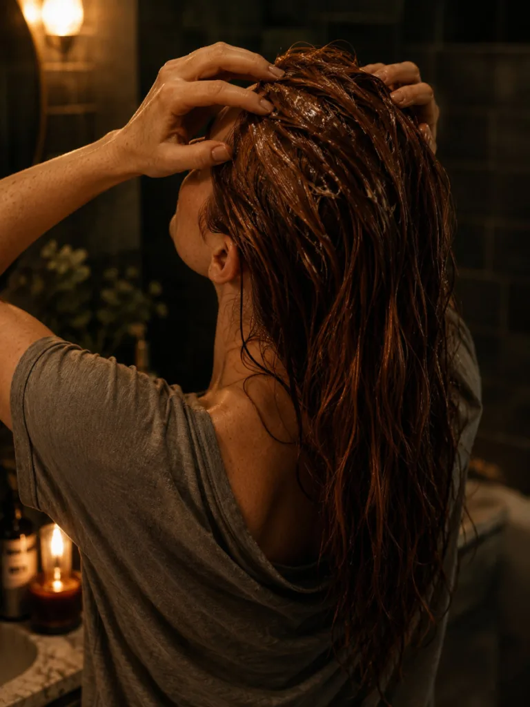 Woman massaging a coconut and castor oil hair growth mask into her scalp