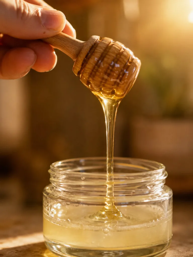 Honey drizzling into coconut oil for a DIY deep conditioning hair mask