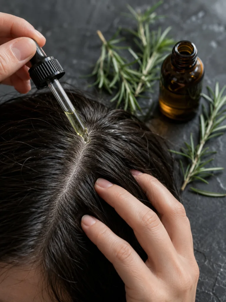 Applying a coconut and rosemary oil mask directly to the scalp