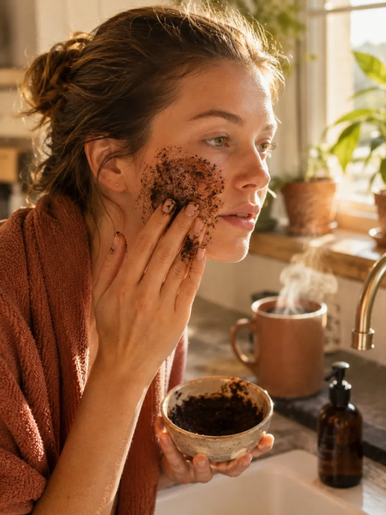 Woman using a DIY coffee grounds organic face mask recipe in her kitchen