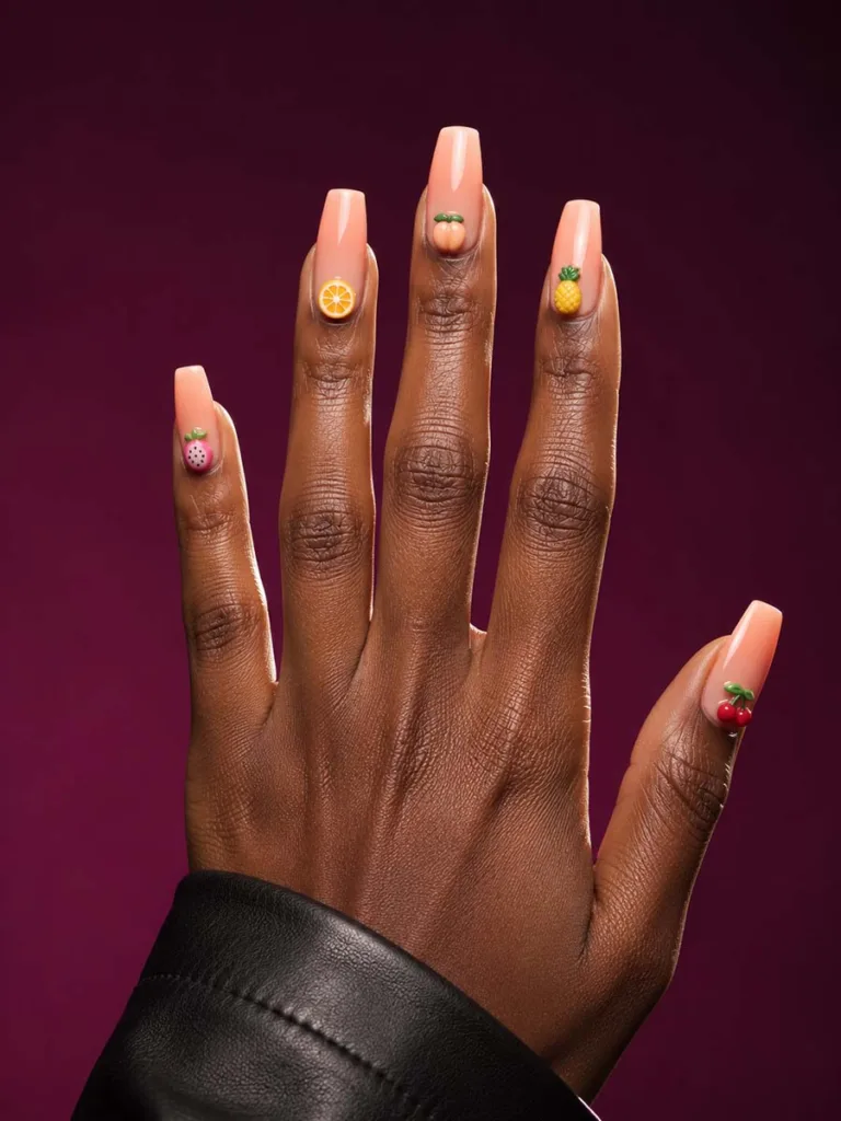 Coffin-shaped peach nails with 3D fruit charms on deep skin tone