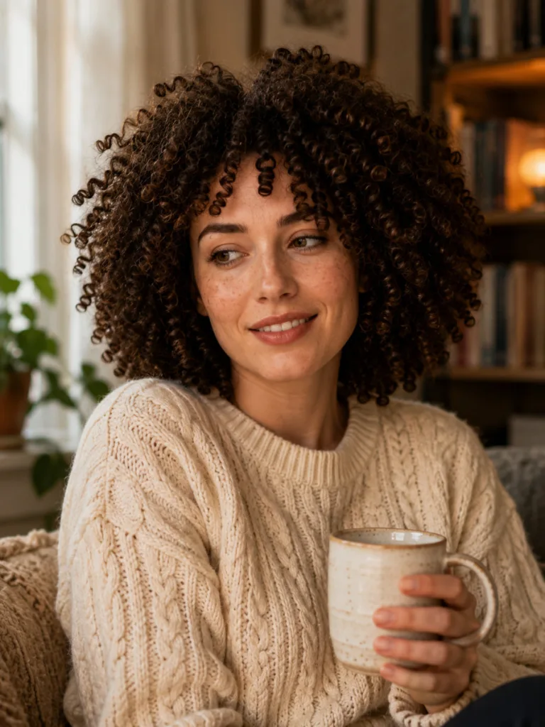 Woman with coily hair texture sitting by a window in soft natural light