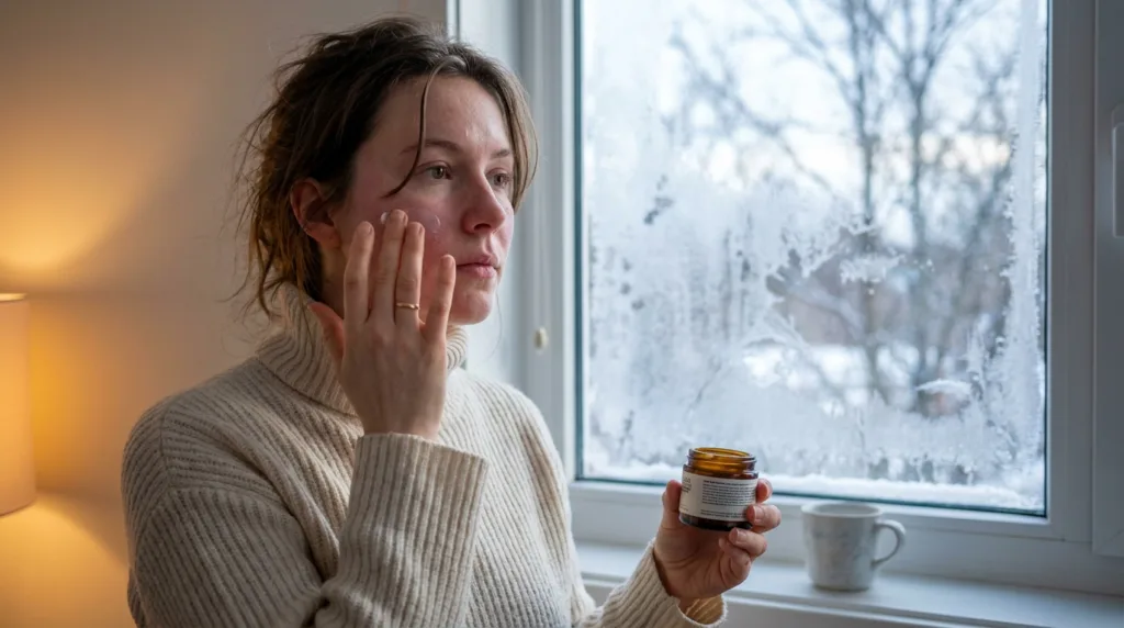 fair-skinned woman applying moisturizer for cold climate dry skin at frosted window in winter morning light