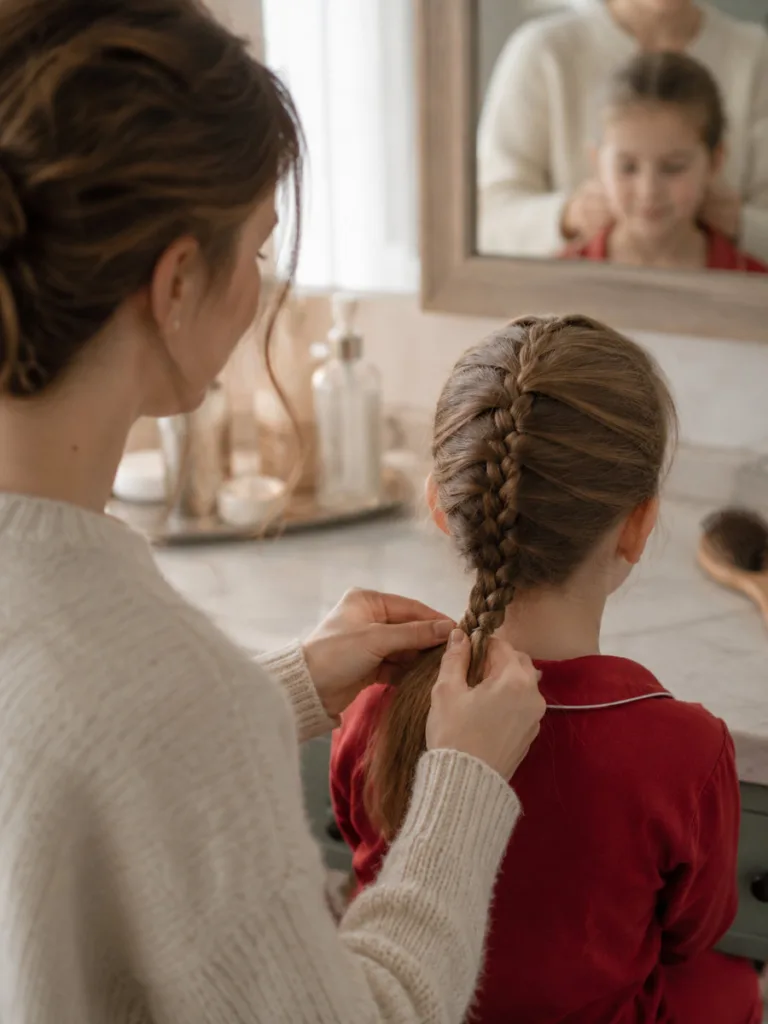 Parent gently styling a child's hair, avoiding common christmas hairstyle mistakes