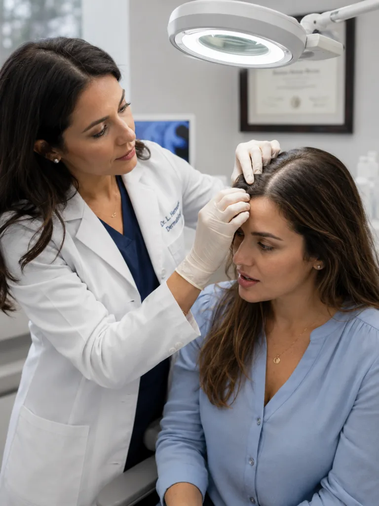 Dermatologist examining a patient's scalp for hair loss causes