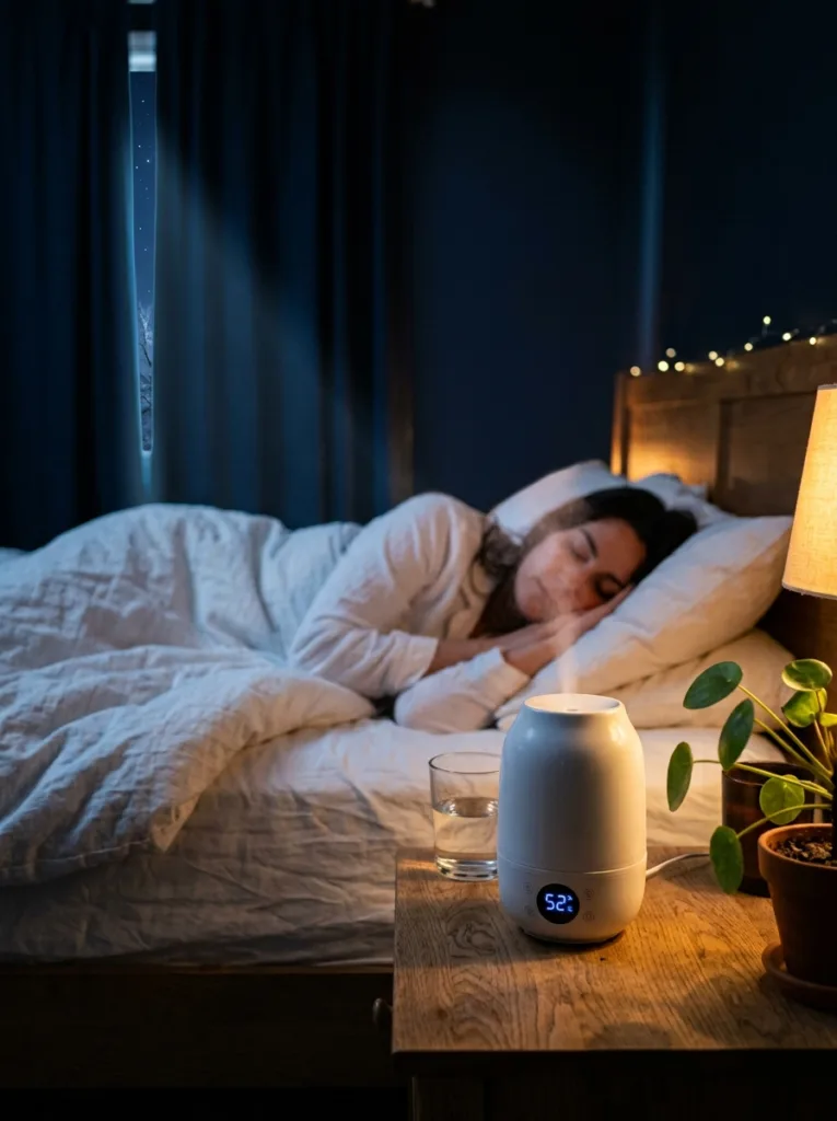 bedroom humidifier running at night for cold climate dry skin moisture repair during sleep