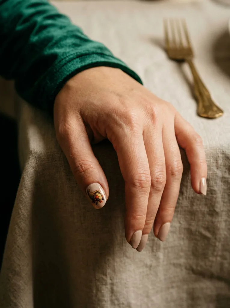 Close-up of a detailed cornucopia accent nail on a neutral manicure