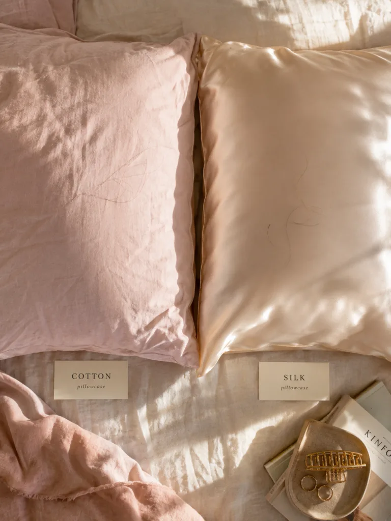 Cotton pillowcase next to a silk pillowcase showing a cause of hair breakage
