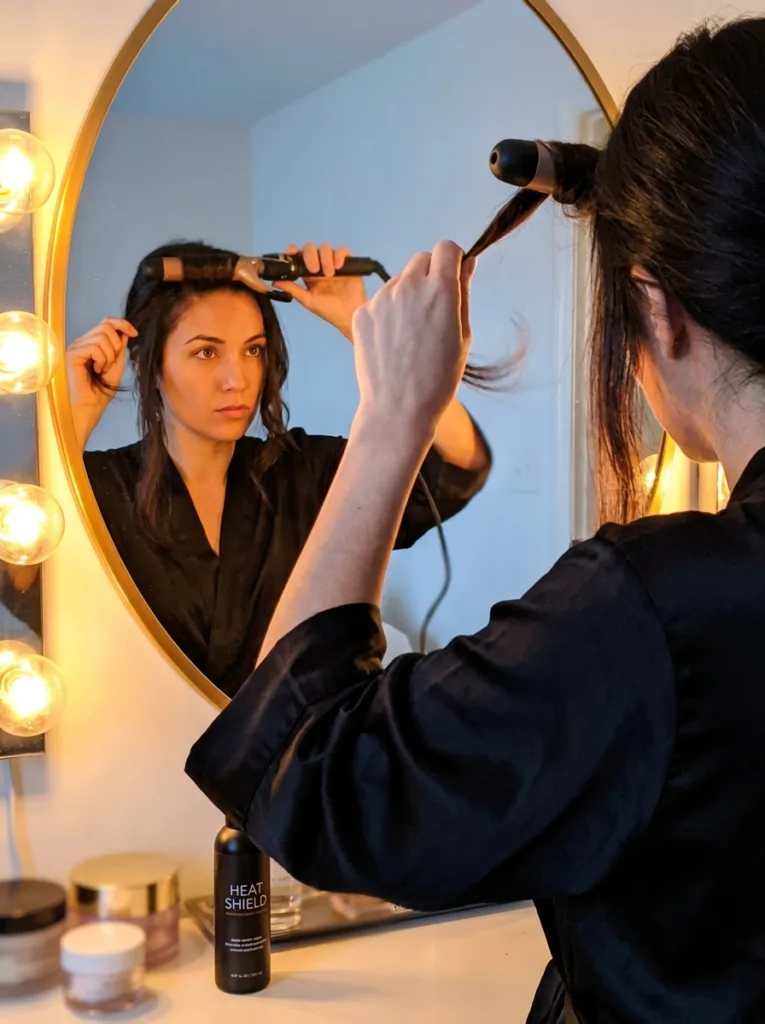 Curling hair with a heat protectant spray to limit heat damage