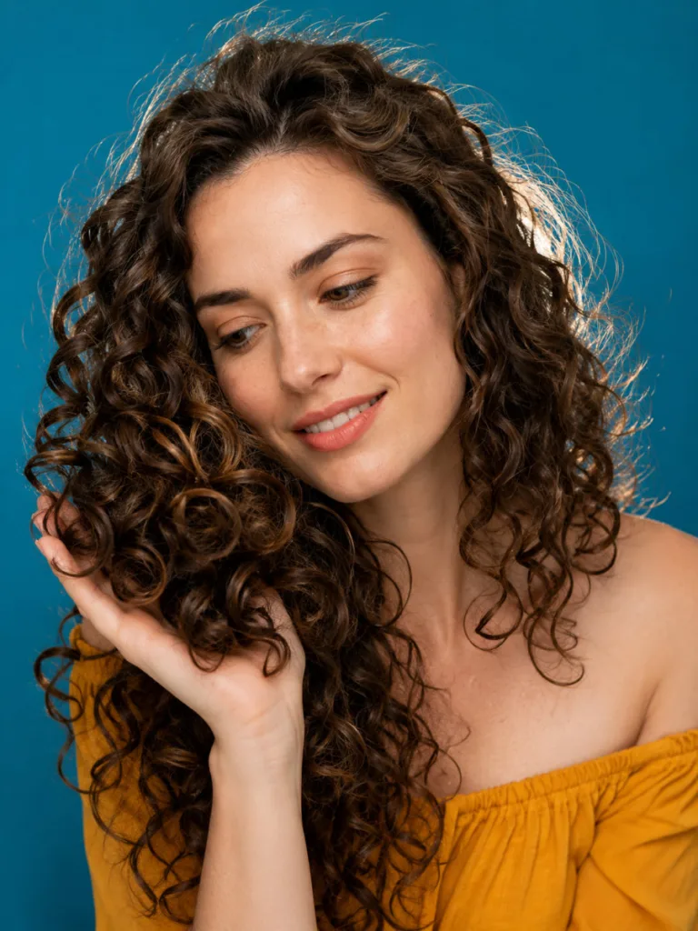 Woman with defined curly hair in a studio portrait against a teal background