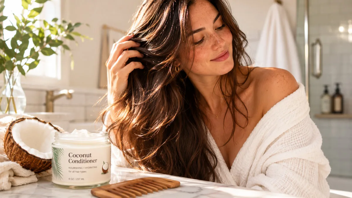 Woman with shiny hair after using a DIY coconut hair conditioner for silky, shiny hair