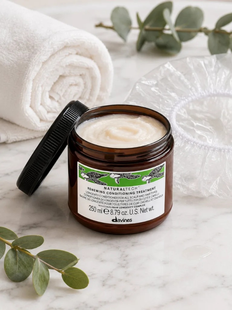 Davines Naturaltech Renewing Conditioning Treatment jar styled in a spa-like flat lay