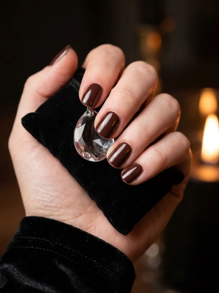 Deep burgundy red christmas nails on a hand holding a crystal ornament by candlelight