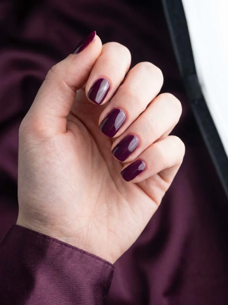Deep plum glossy winter nails on silk fabric background