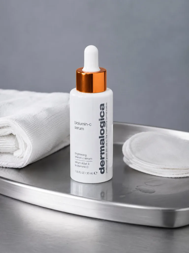 Dermalogica Biolumin-C vitamin C serum bottle on a spa tray