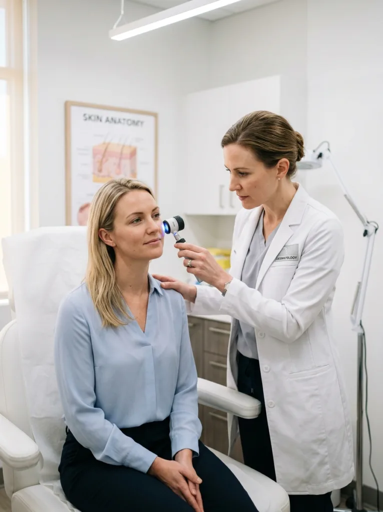 board-certified dermatologist examining fair-skinned woman patient's cheek with lighted magnifier in clean white clinic setting