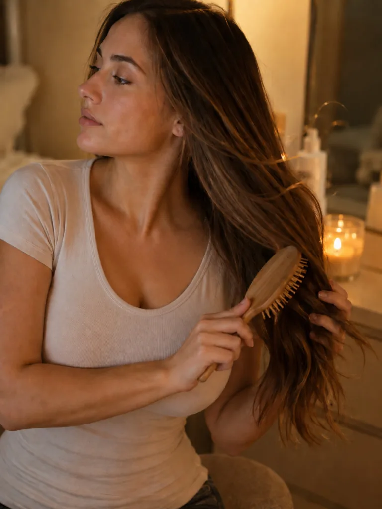Woman brushing the ends of her long hair with a wooden detangling brush
