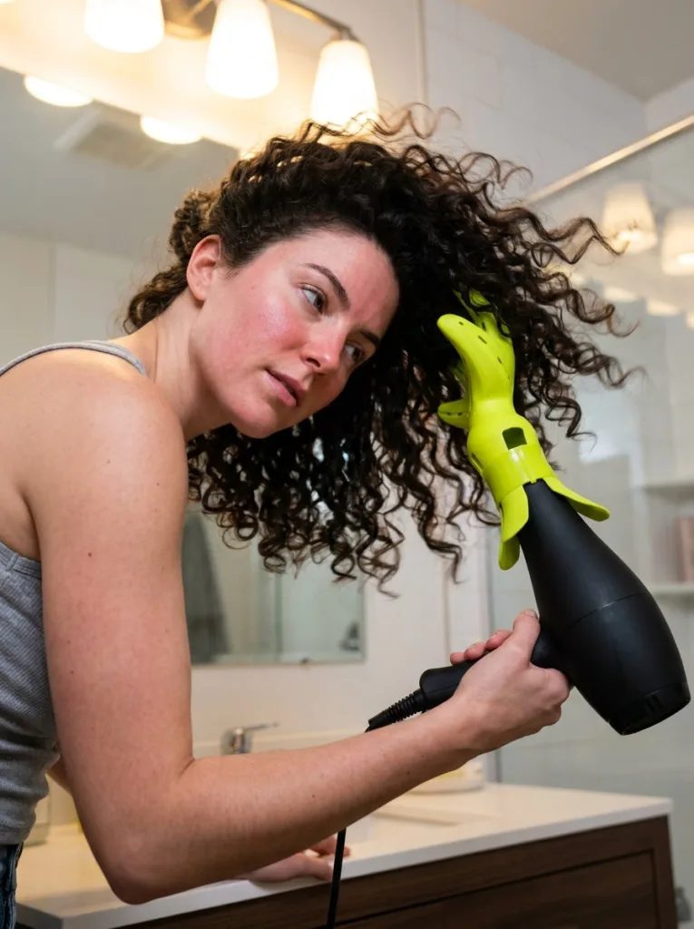 Woman diffusing her curly hair with a DevaCurl diffuser attachment in a bathroom