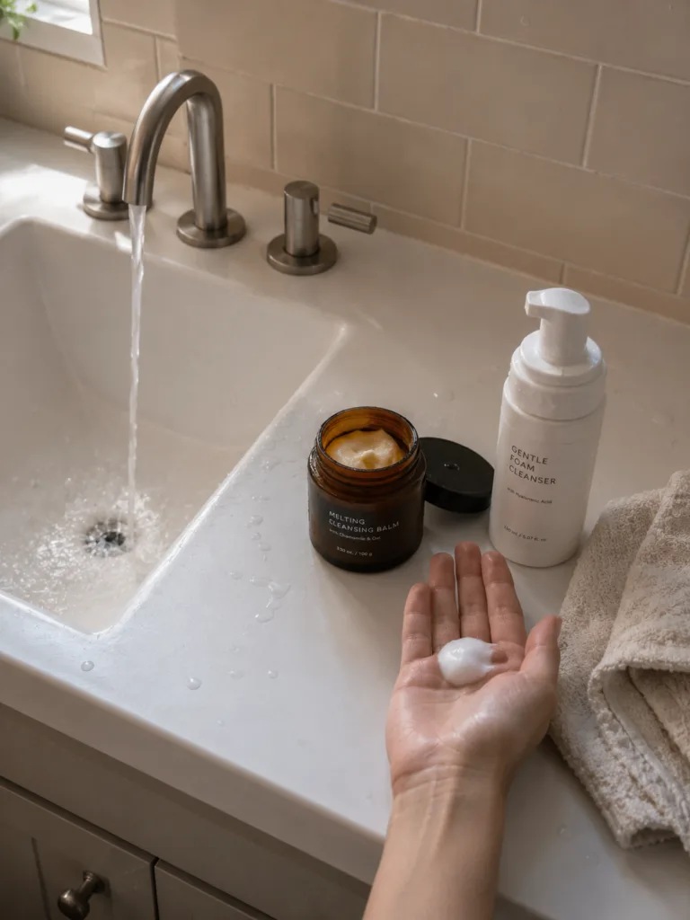 oil balm cleanser jar and foam cleanser pump bottle beside bathroom sink with running water for double cleansing method