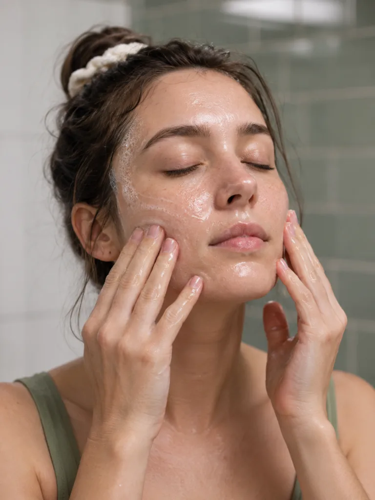 fair skinned woman massaging oil cleanser onto face with both hands as first step of korean double cleansing routine