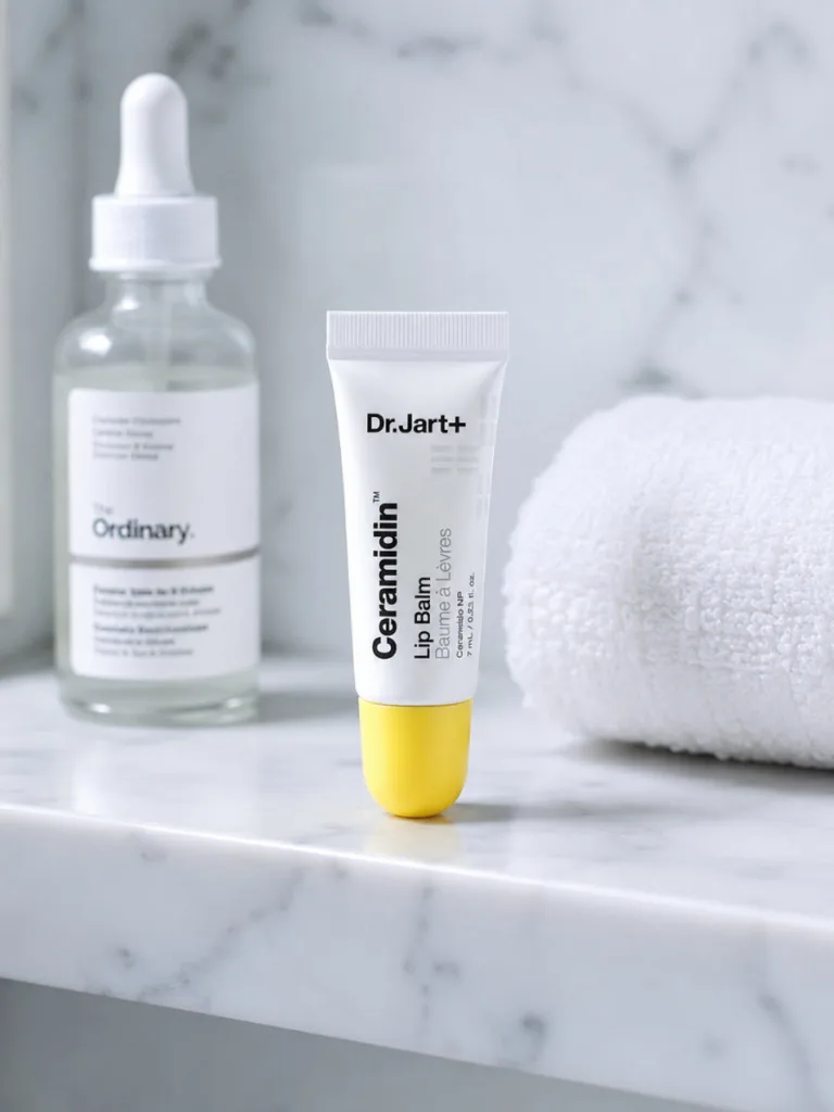 Dr. Jart+ Ceramidin lip balm tube on a white marble skincare shelf