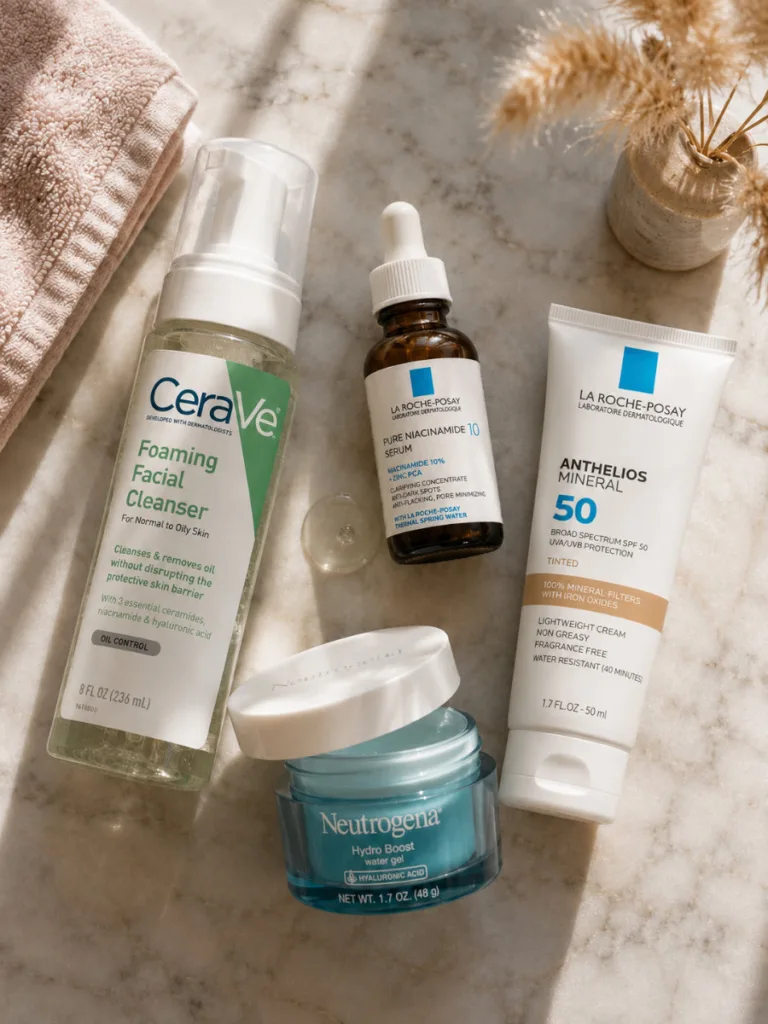 Flat lay of affordable drugstore skincare products for oily and combination skin