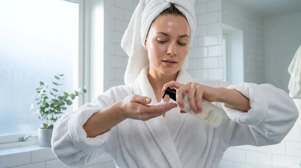Fair-skinned woman in white robe holding cleanser bottle in a bright bathroom — easy steps for a skincare routine