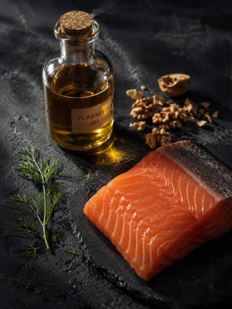 Salmon, walnuts, and flaxseed oil as omega-3 sources for hair health