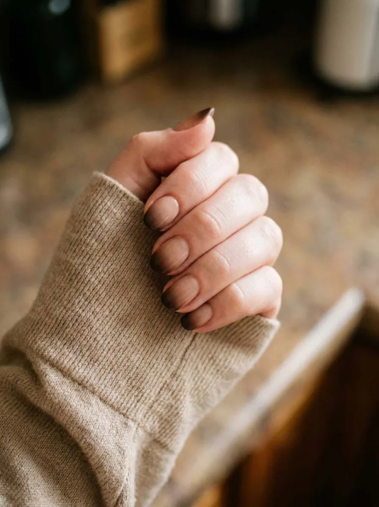 Close-up of espresso brown ombre Thanksgiving nails
