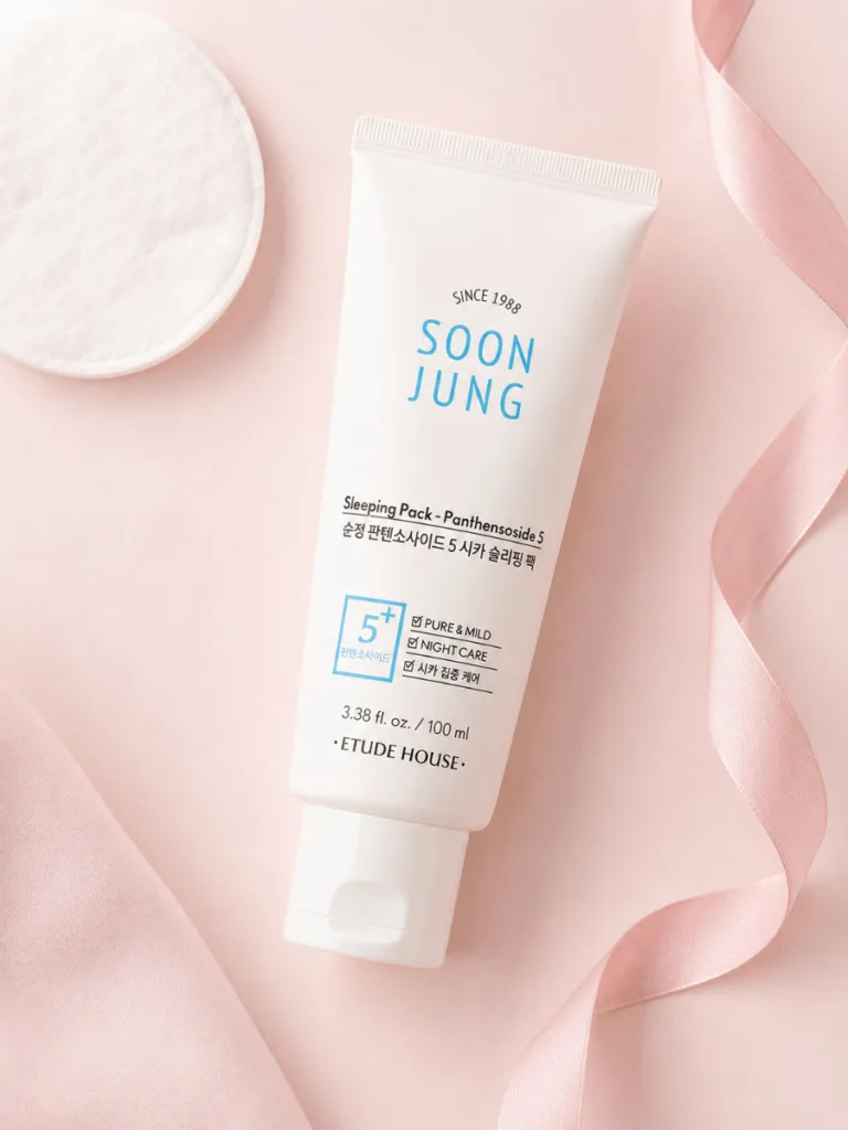 Etude House SoonJung 5-Panthensoside Cica Sleeping Pack on a soft pink background
