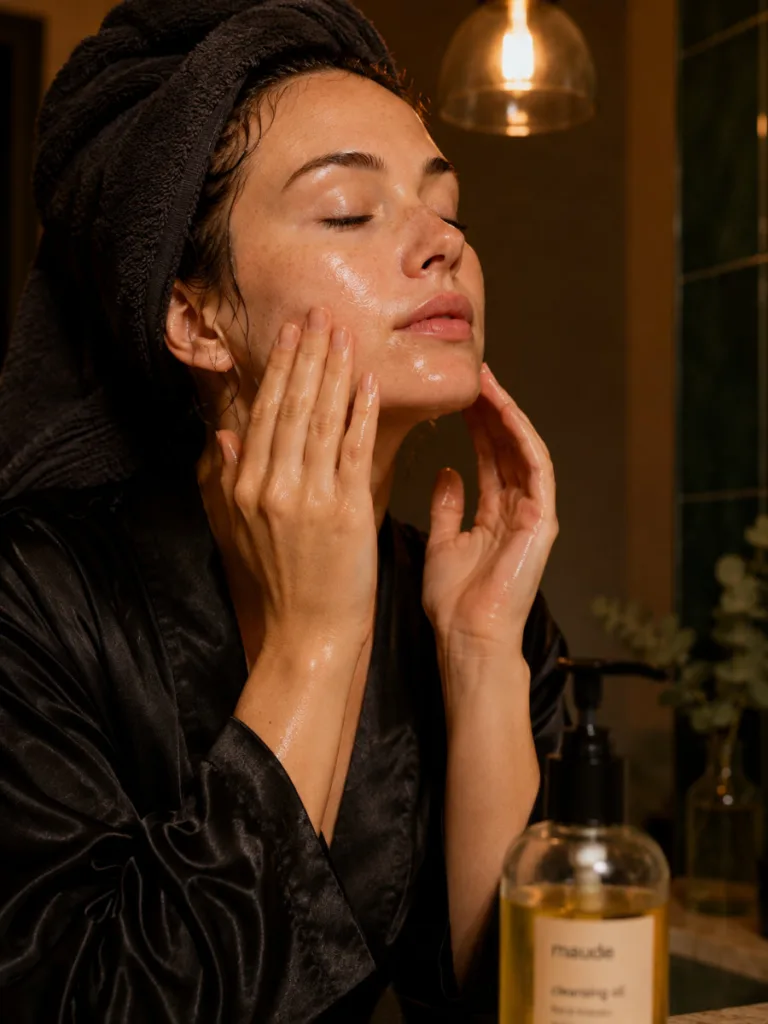 Close-up of double cleansing with oil-based cleanser as part of a nighttime skincare routine