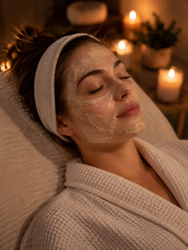 Woman relaxing with a shea butter and vitamin E organic face mask