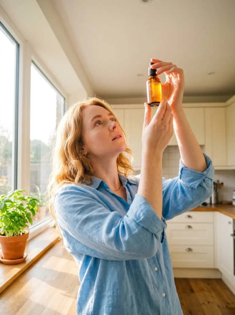 fair-skinned woman in linen shirt holding vitamin C serum bottle up toward sunny window light in bright kitchen