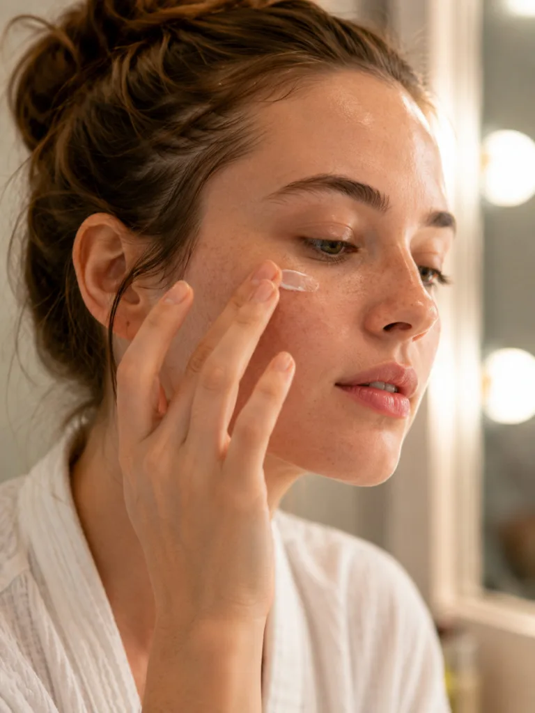 Woman applying chilled eye cream under her eye at a bathroom vanity